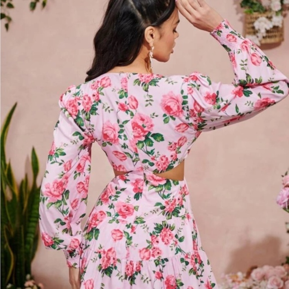 Barbie Pink Rose Floral LoveShackFancy style Mini Cut Out Flowy Summer Dress XS - Picture 10 of 13